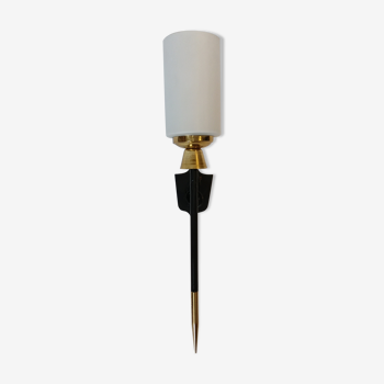 Torch lamp golden brass, opaline and black metal 1960