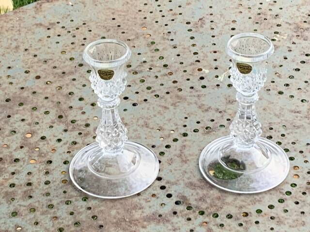 Pair of crystal candlesticks, darques crystal, diamond pattern, vintage Original label
