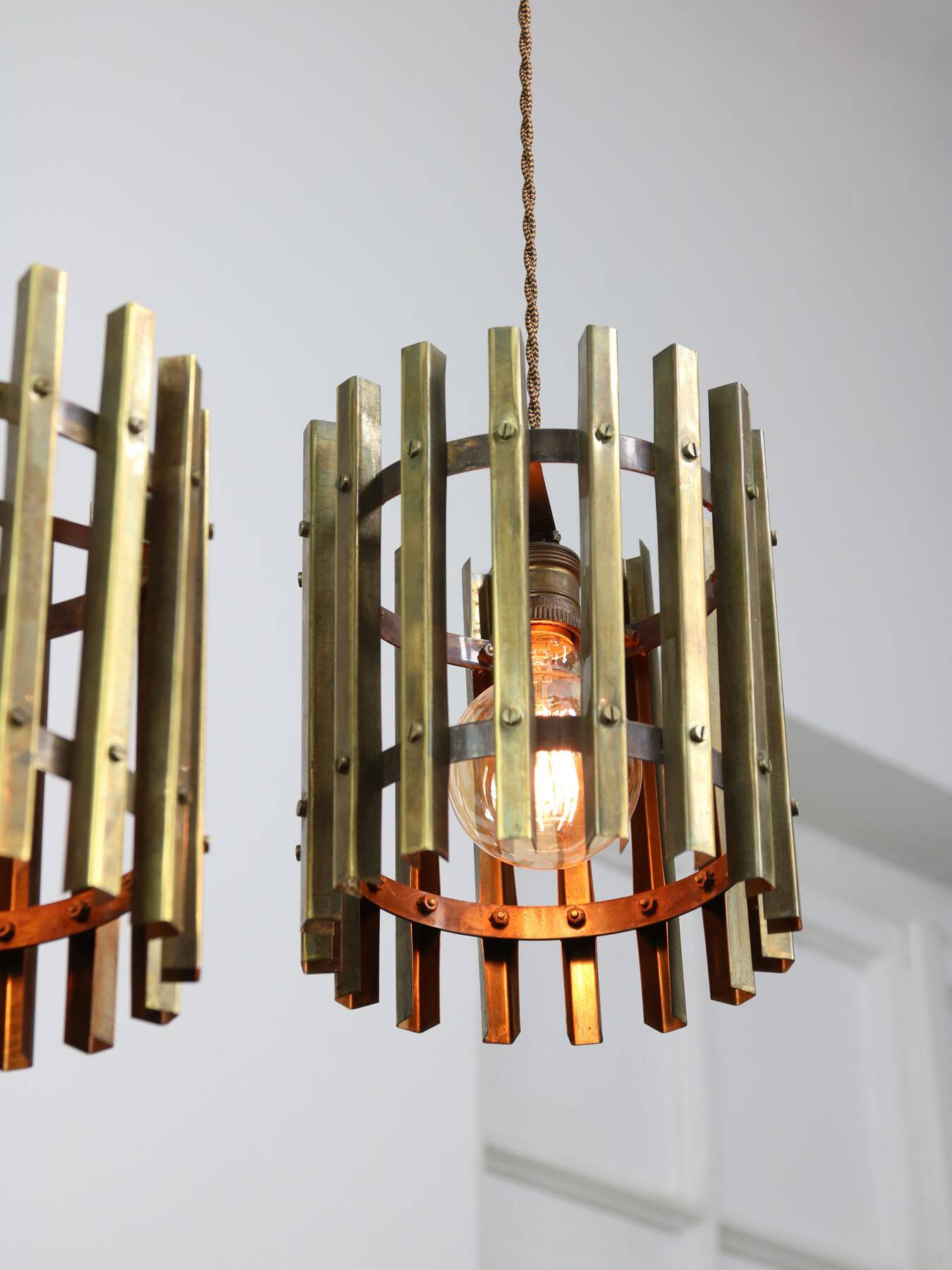 Vintage Italian Brass Cage Pendant Lamp, 70s