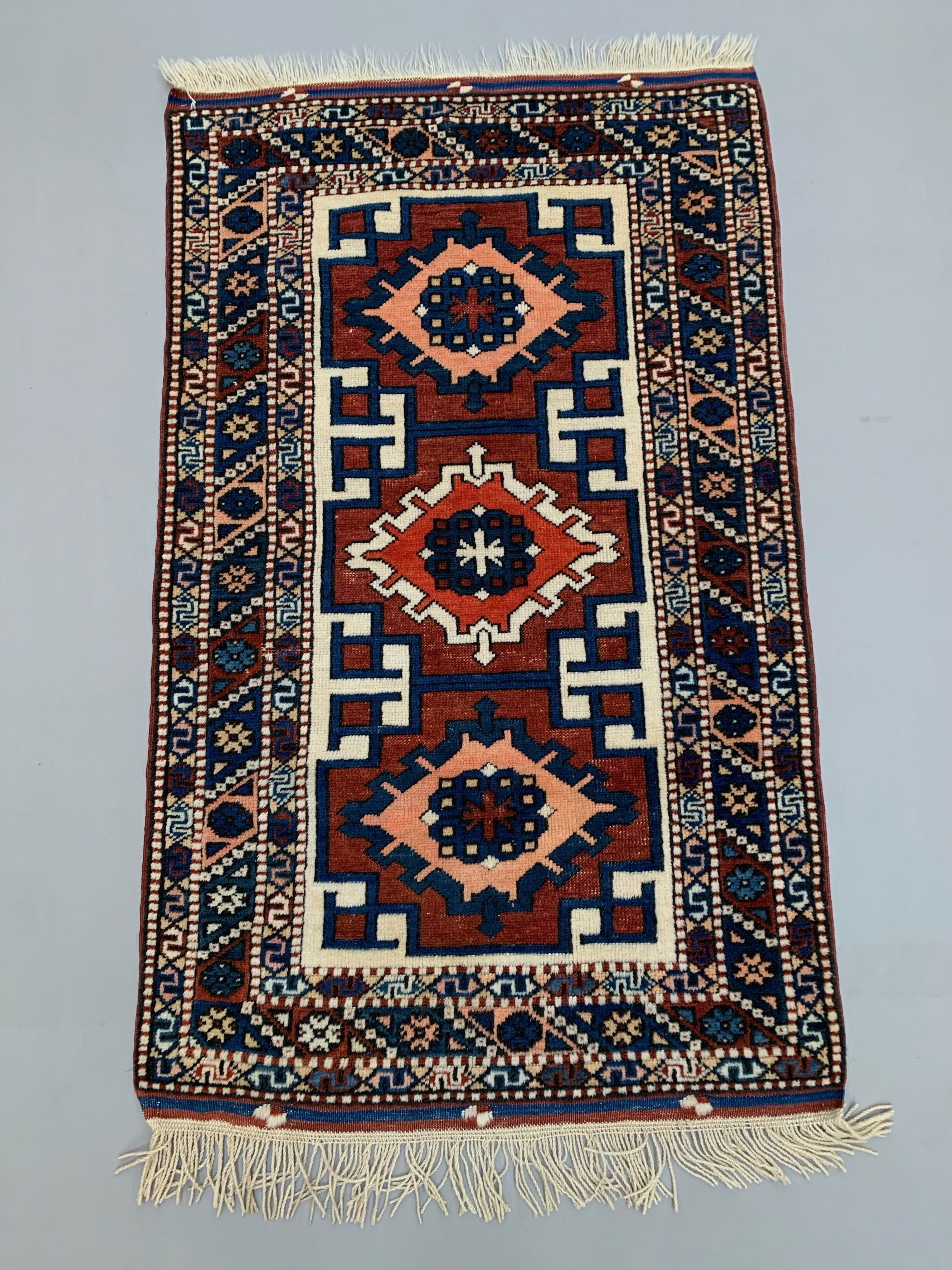 Vintage turkish kazak rug oriental 160x94 cm tribal small carpet, red and blue
