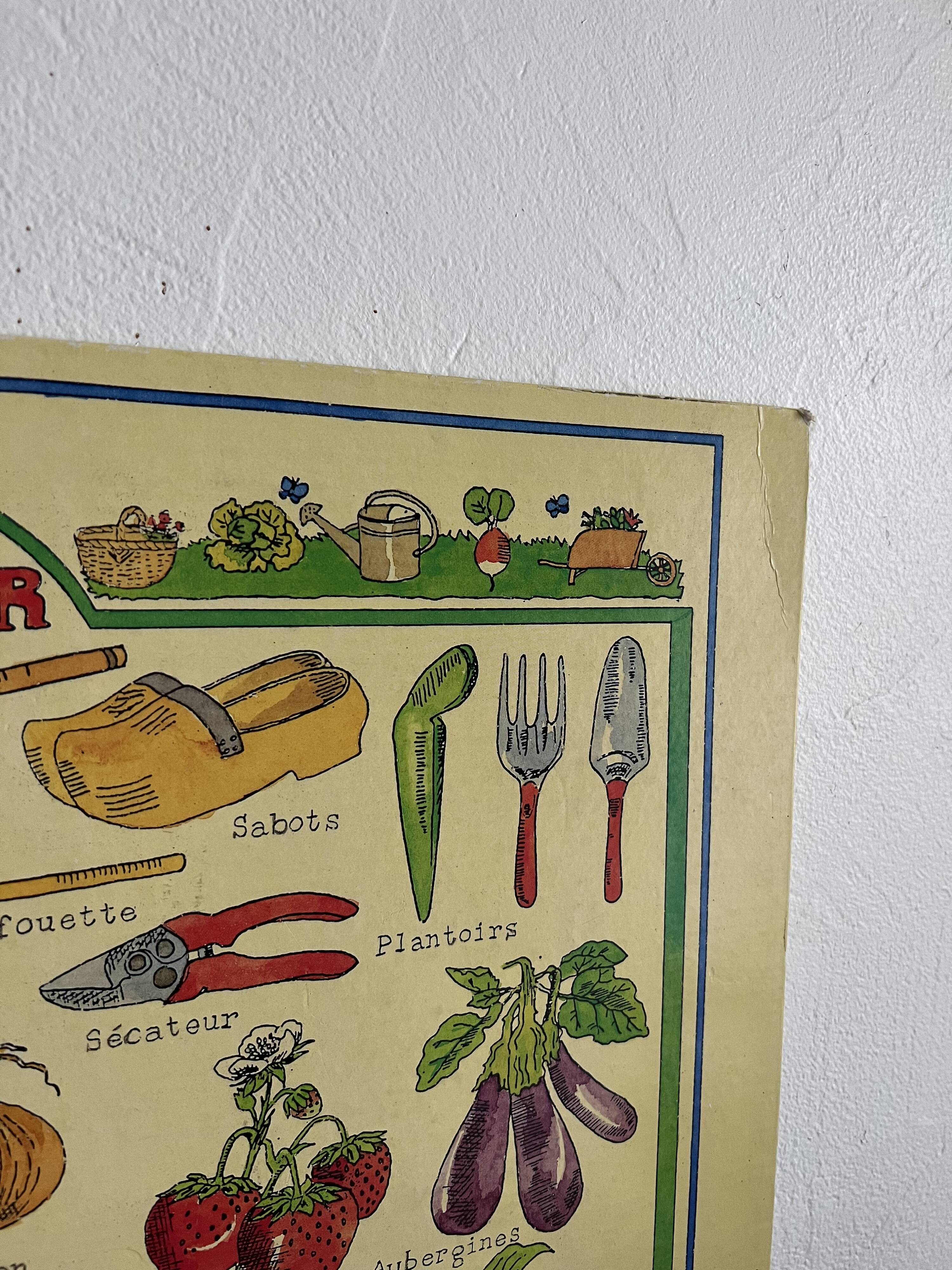 Cardboard poster illustrated around gardening, vintage