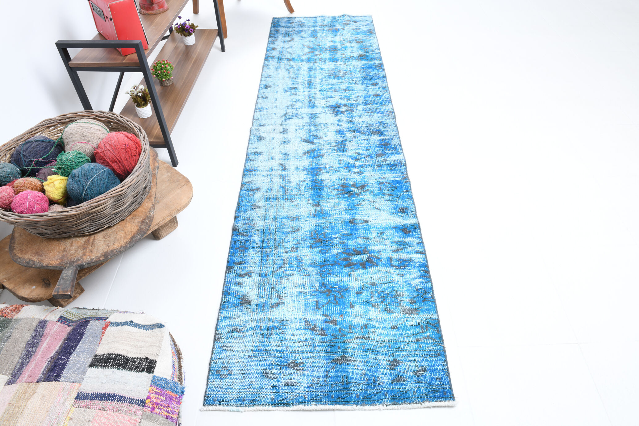 2x9 di̇stressed blue oushak runner rug, 282x75cm