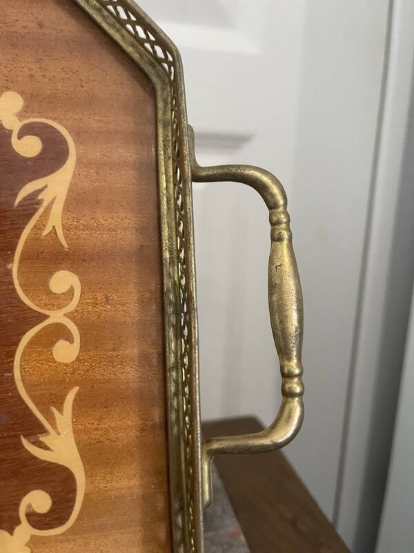 Ancien Plateau Service Bois Marqueterie Laiton Italien SORRENTO Vintage 36