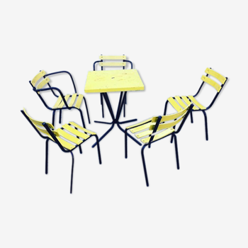 Lot table + 2 fauteuils + 3 chaises bistrot annees 60 métal style Tolix