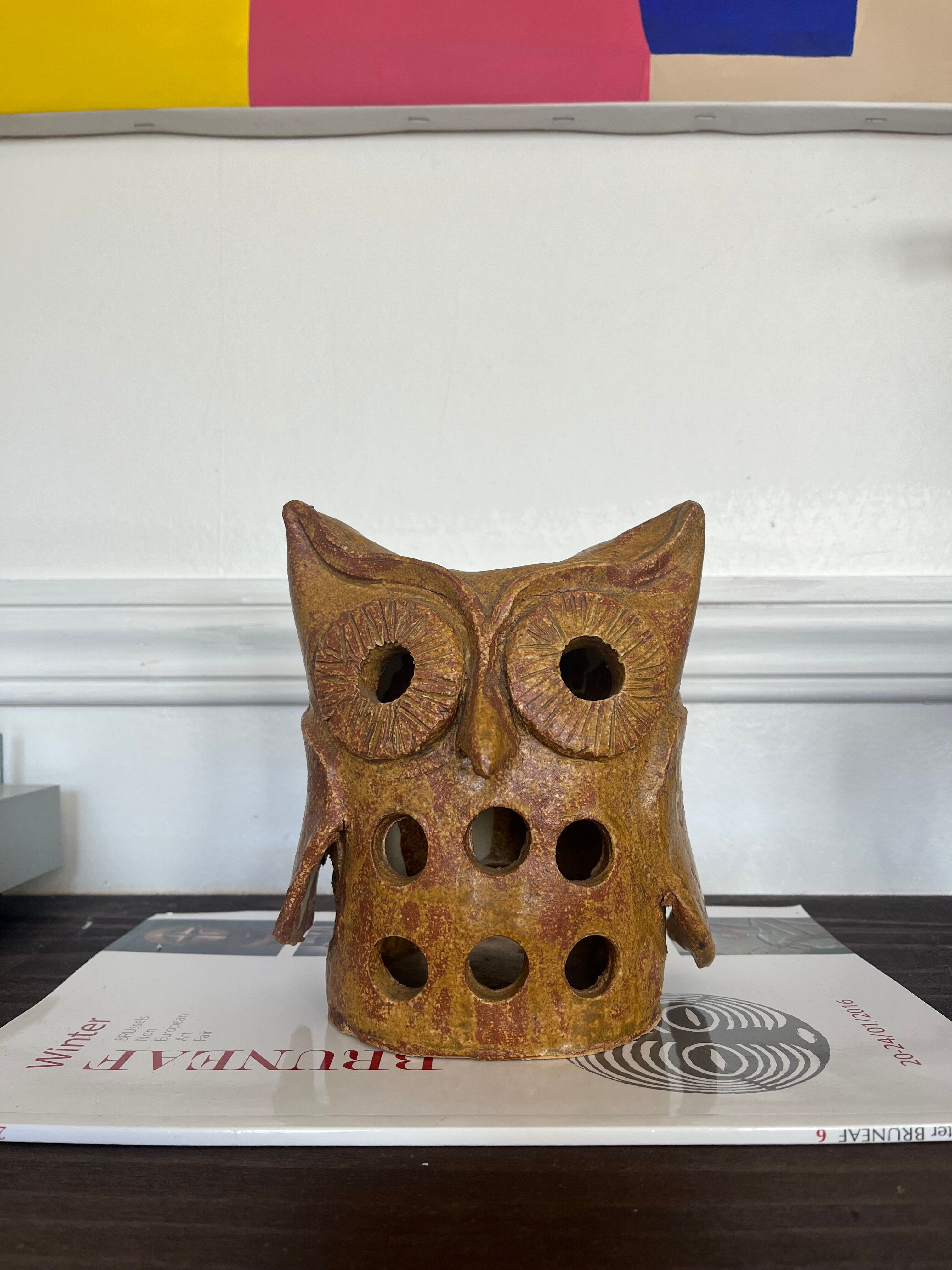 Stoneware lantern in the shape of an owl.