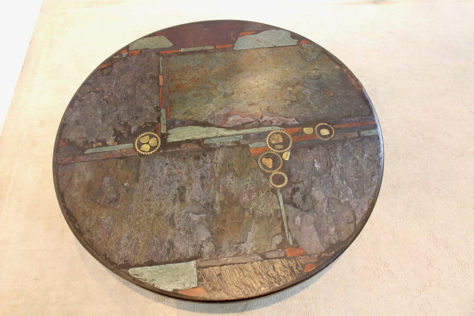 Brutalist Paul Kingma One-Off Slate, Ceramic and Brass Artwork Coffee Table, Signed