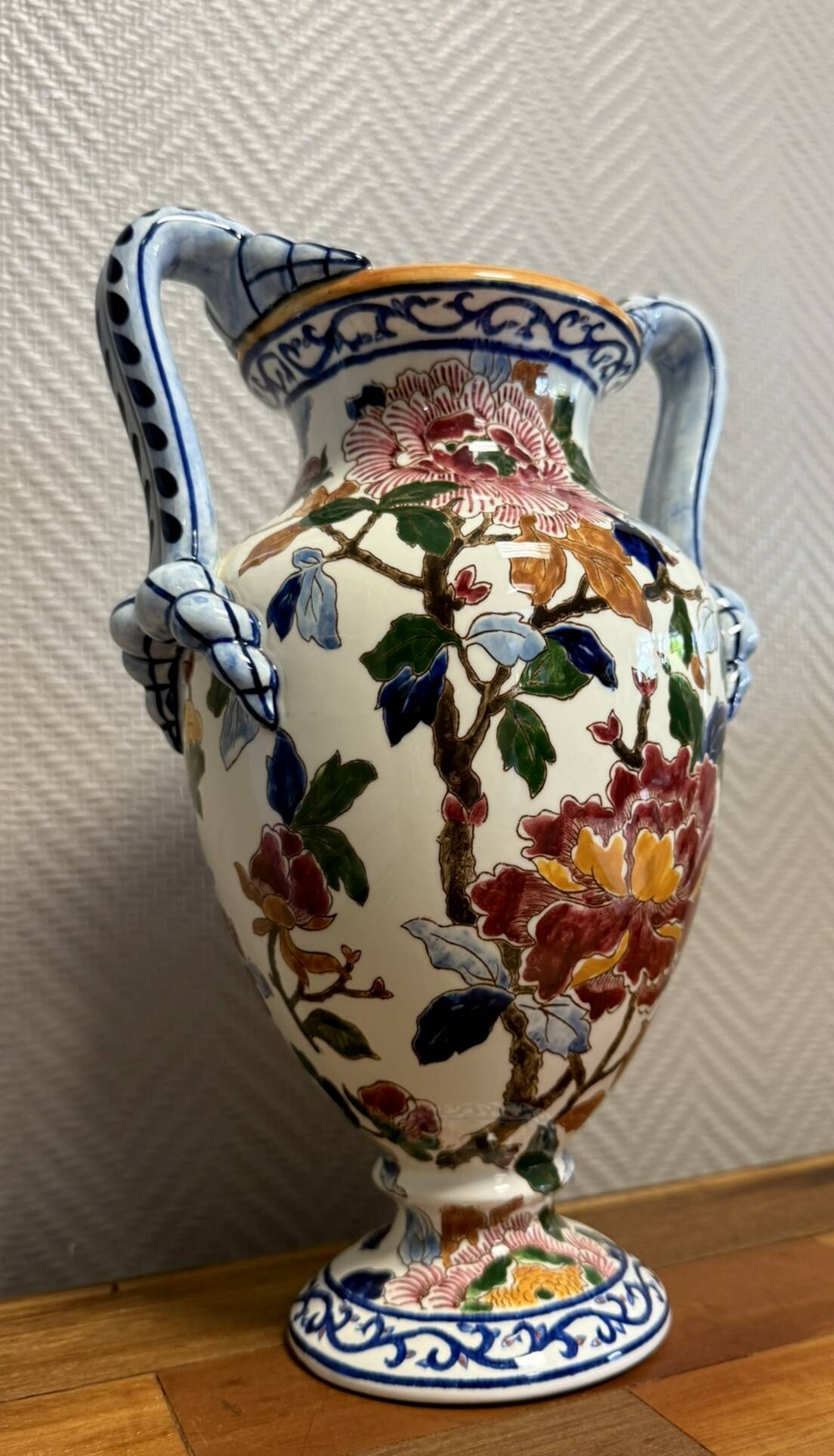 Gien: Important earthenware vase with peony decoration