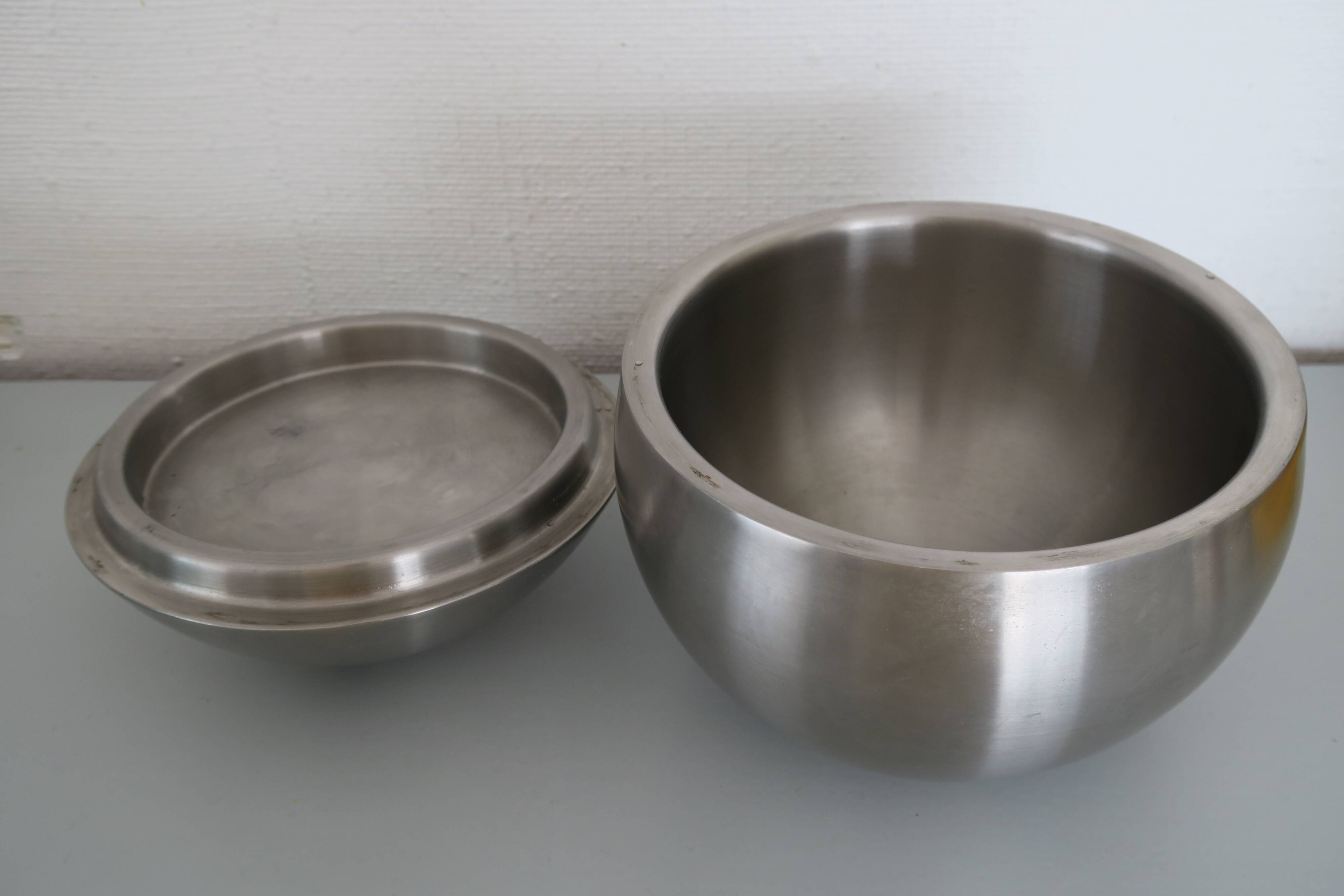 Brushed stainless steel ice bucket and shaker, 1970