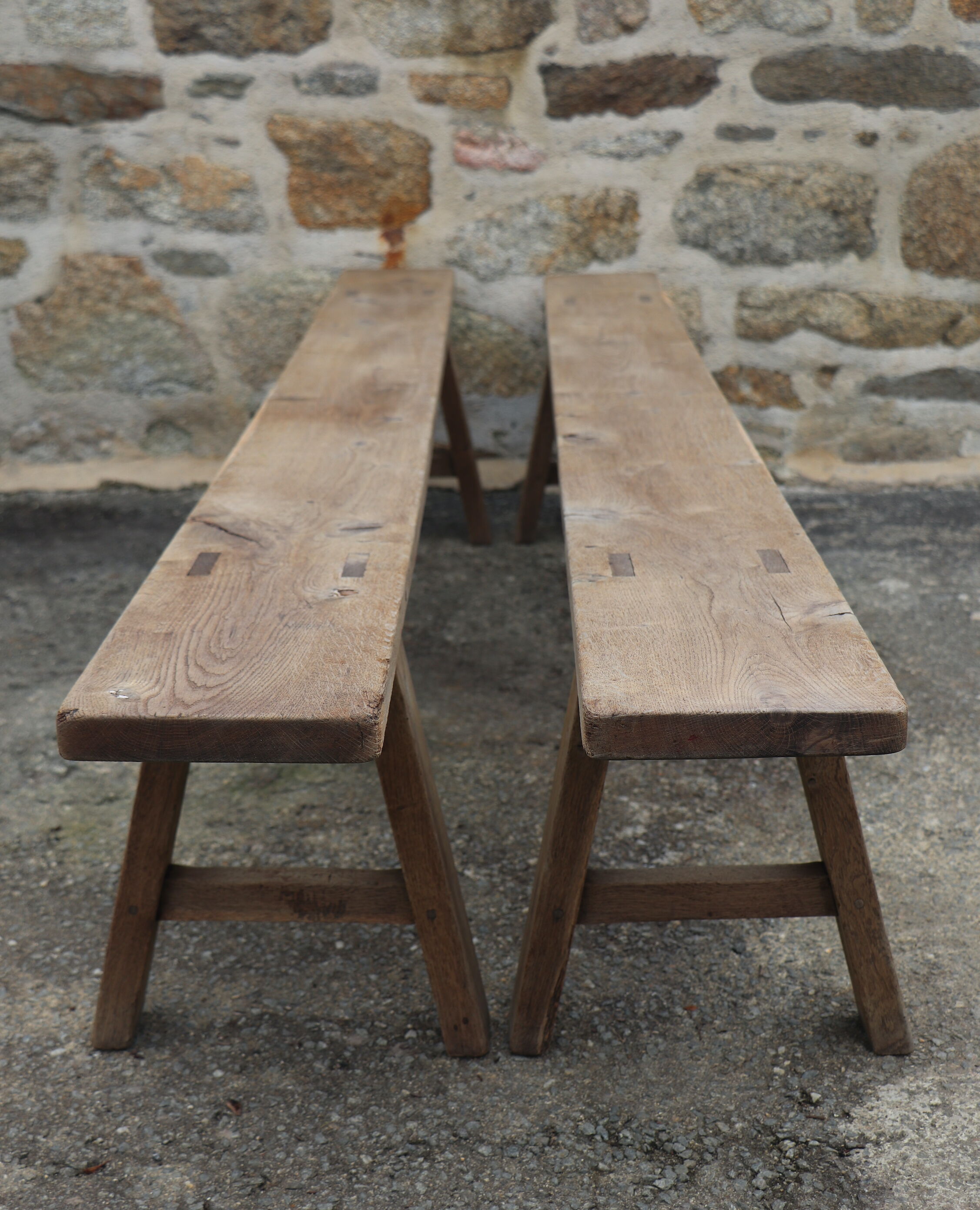 Pair of large solid wood benches XIXth