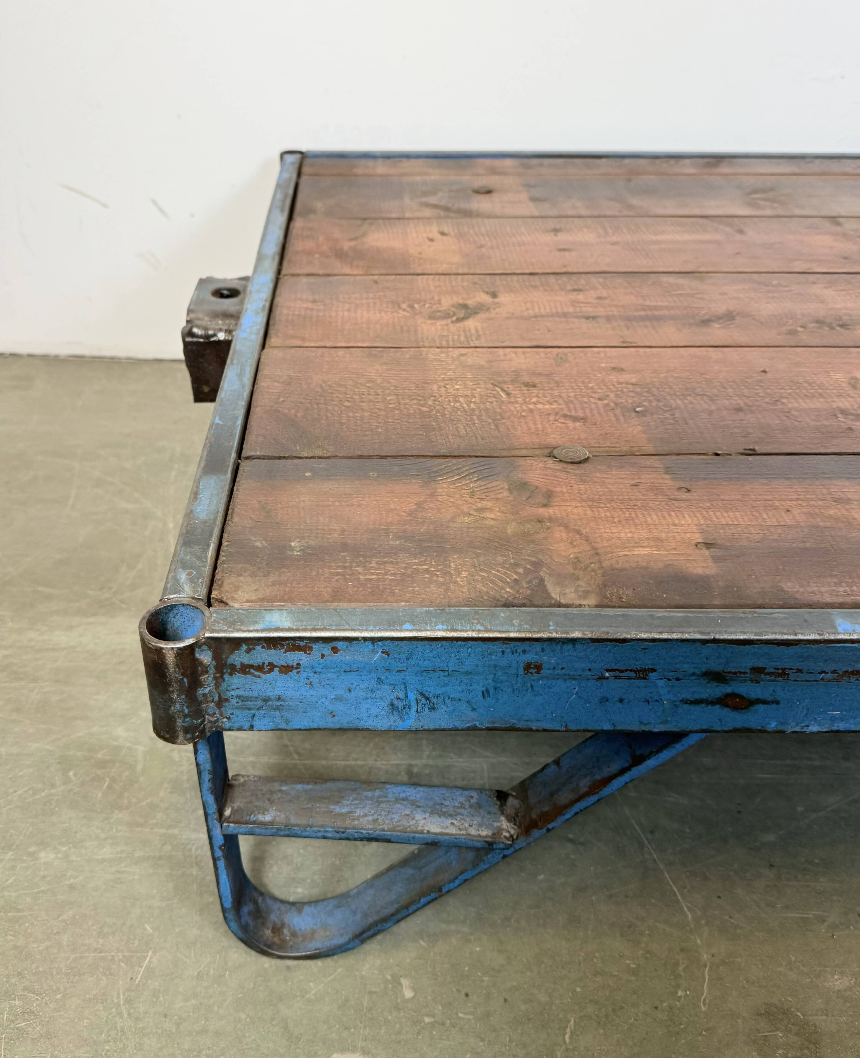 Large blue industrial coffee table cart, 1960s