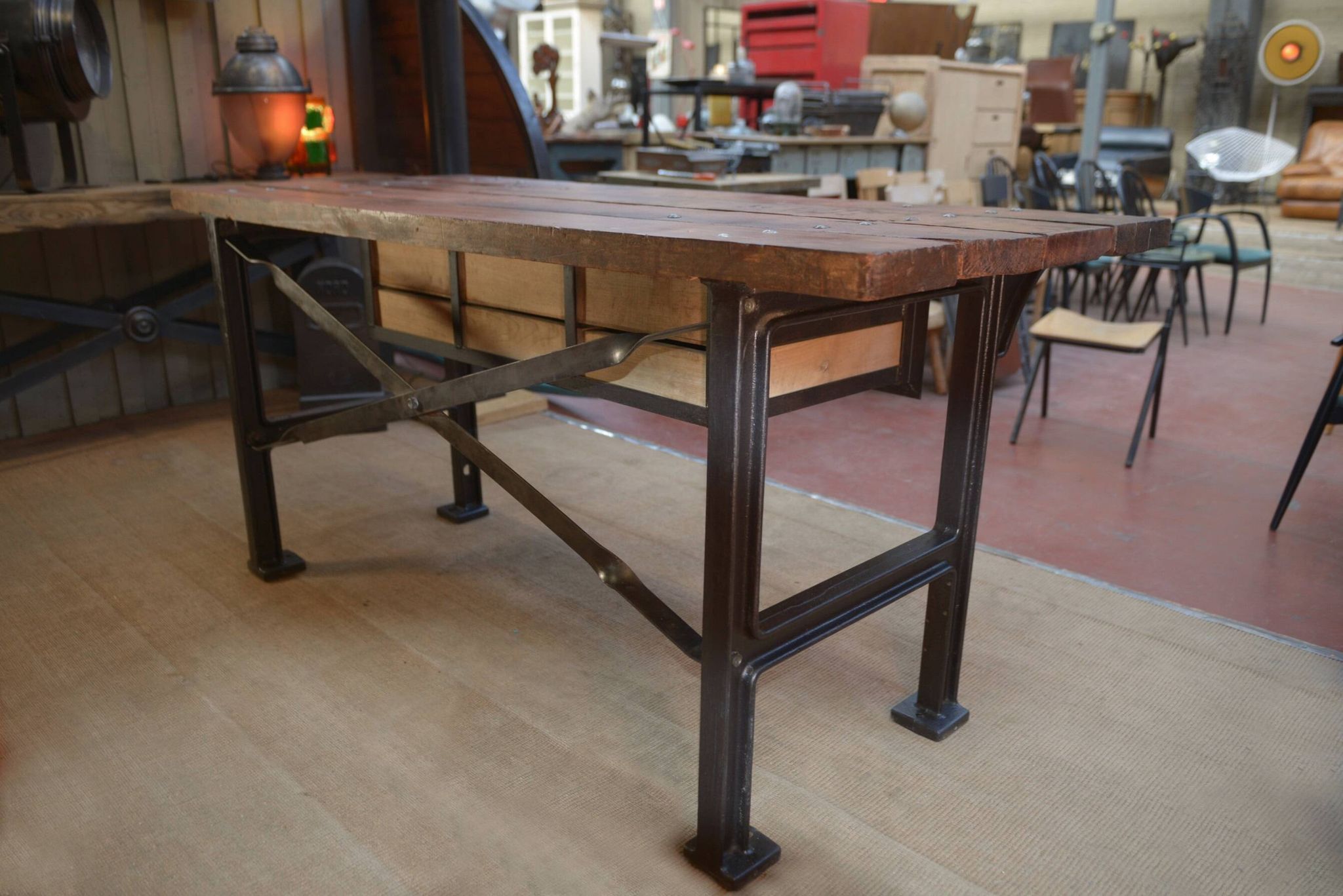 factory workbench in cast iron and wood 1930 with 9 drawers