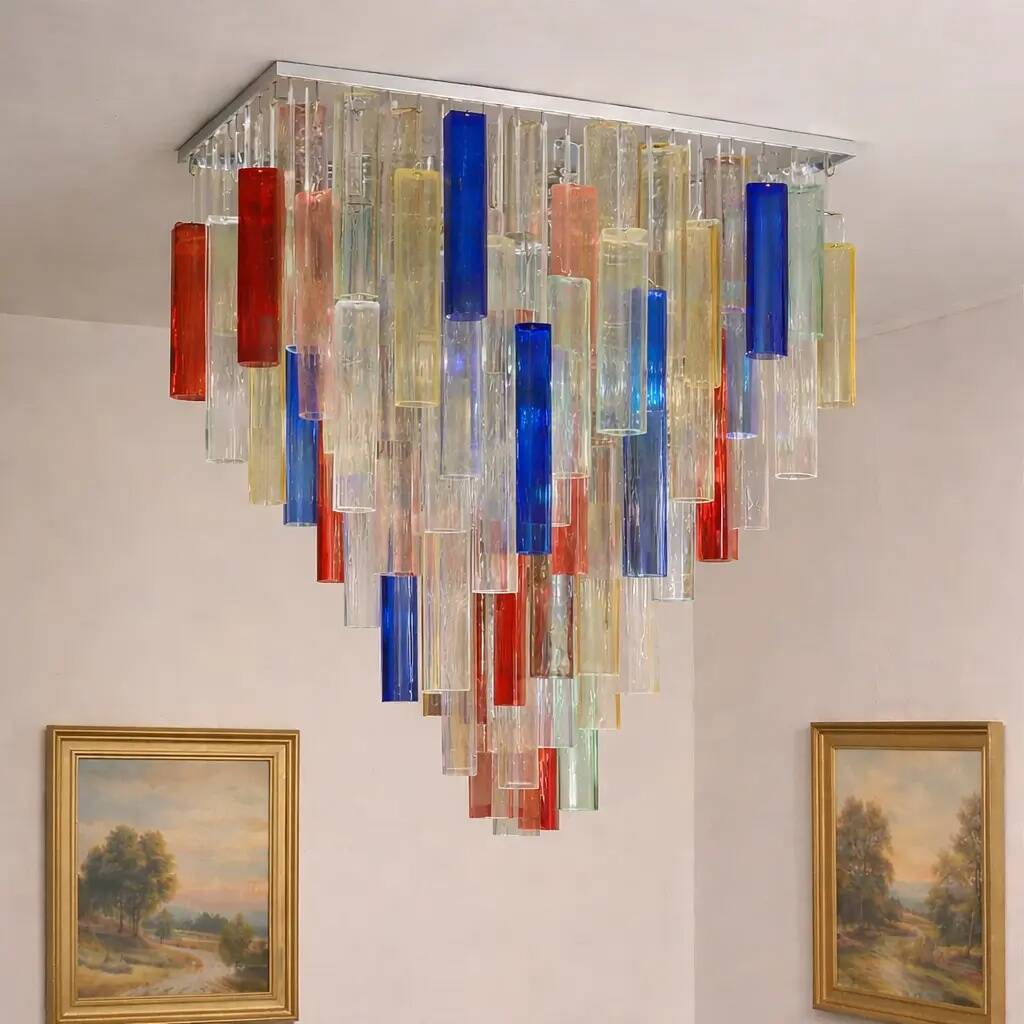 Monumental Contemporary Multicolour “Square Bark” Murano Glass Italian Flush