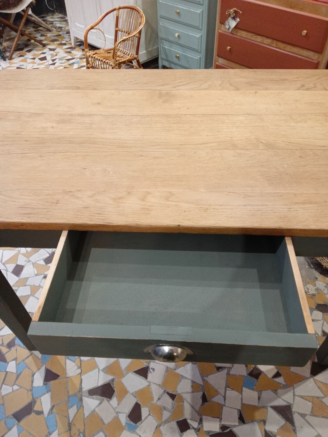 Wooden and khaki farmhouse table