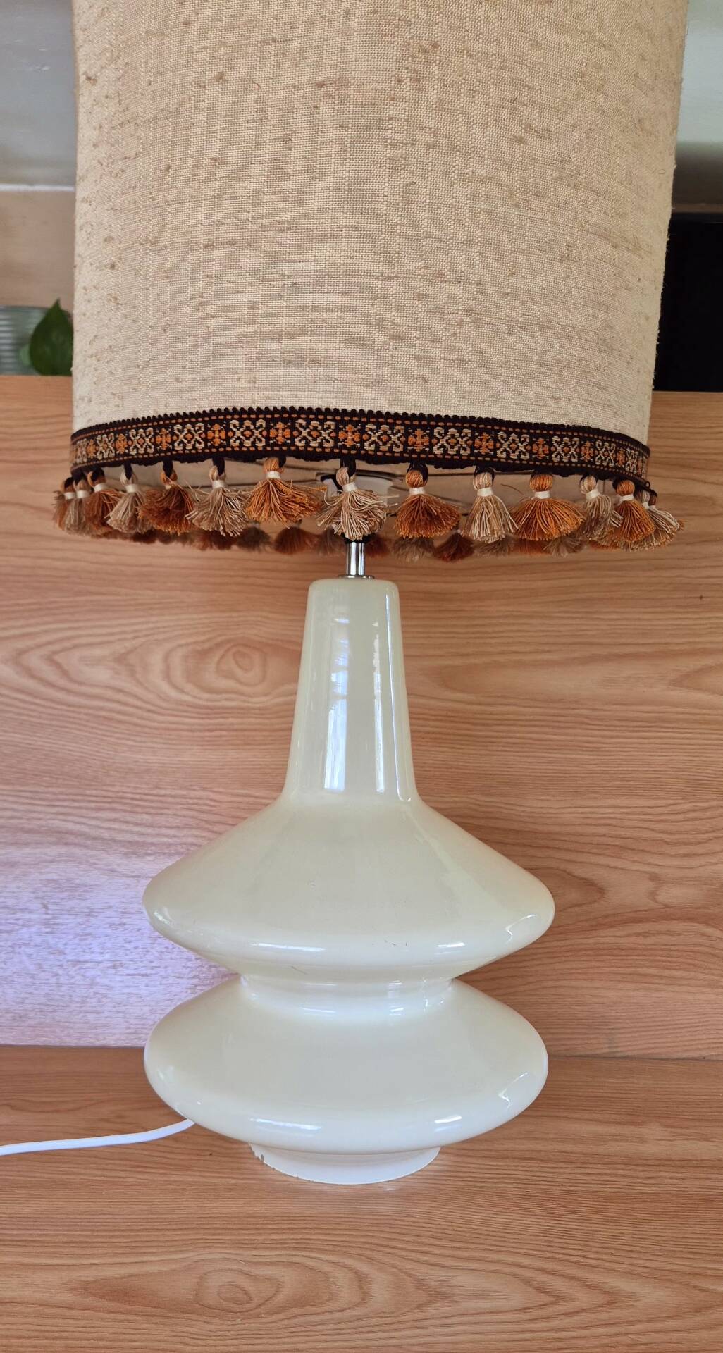 Large vintage 1970s tinted glass lamp with shade.