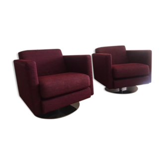 Pair of raspberry armchairs on metal base