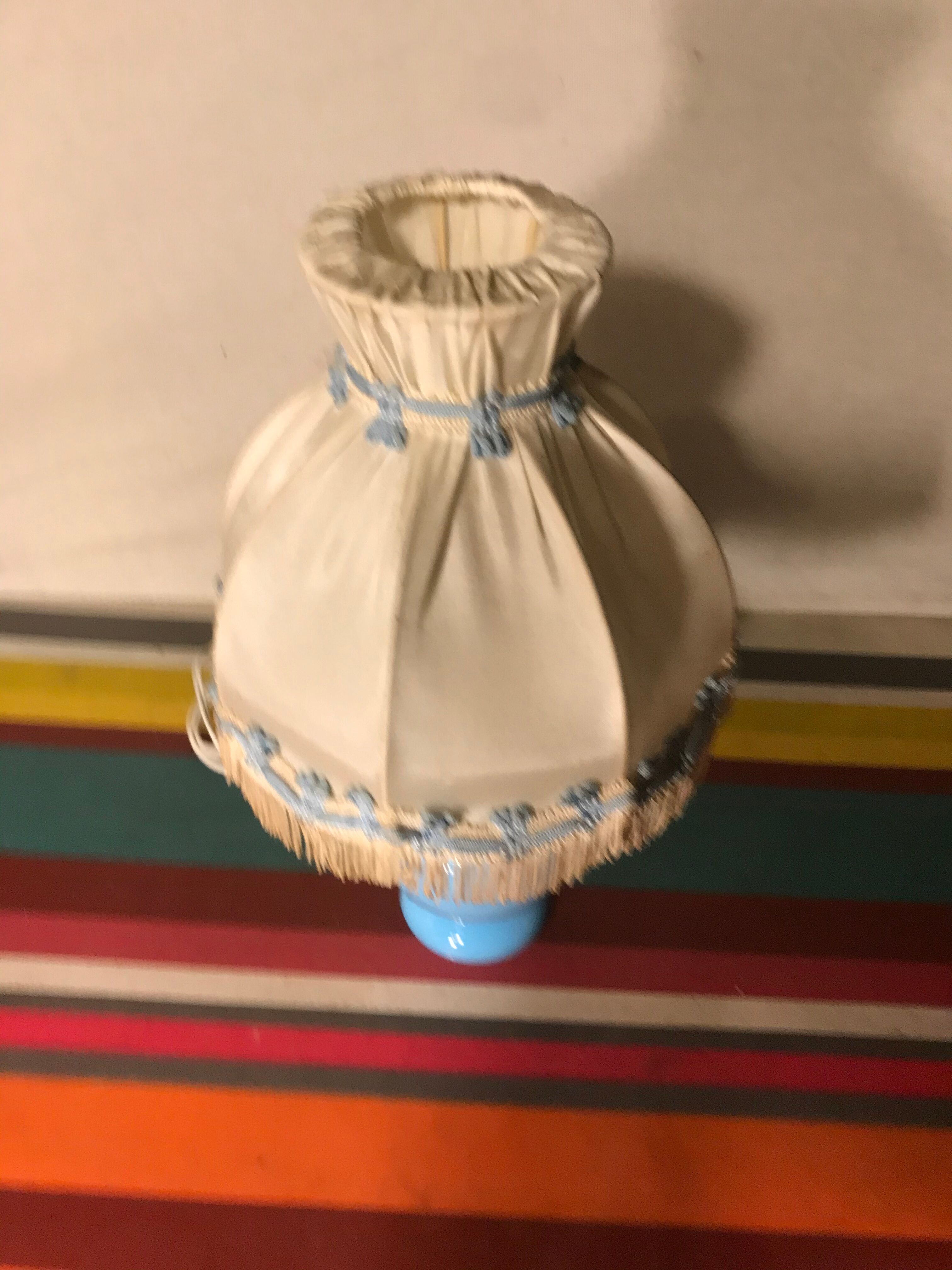 Ancienne lampe chevet corps opaline bleu + abat-jour crème vintage