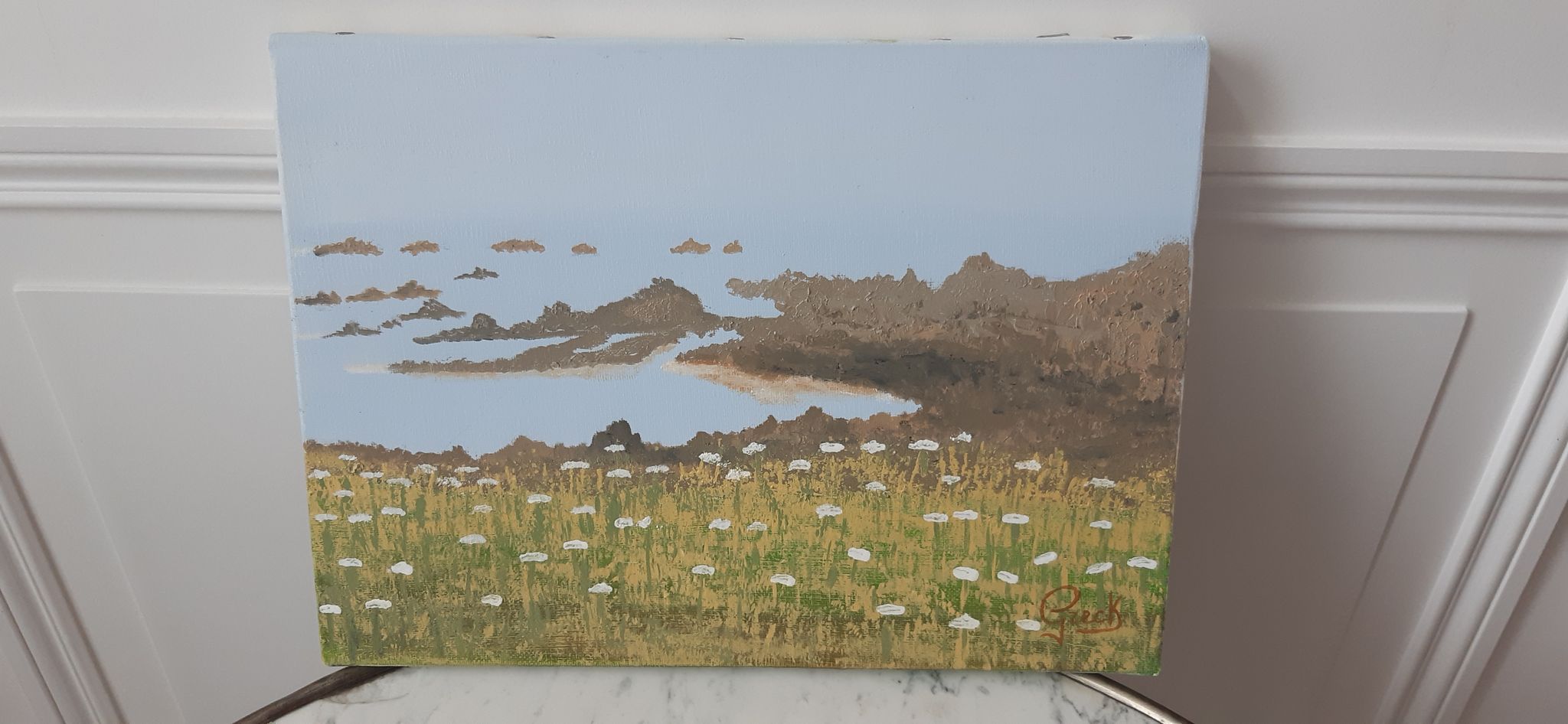 Old painting Oil on canvas landscape Island of Ouessant vintage