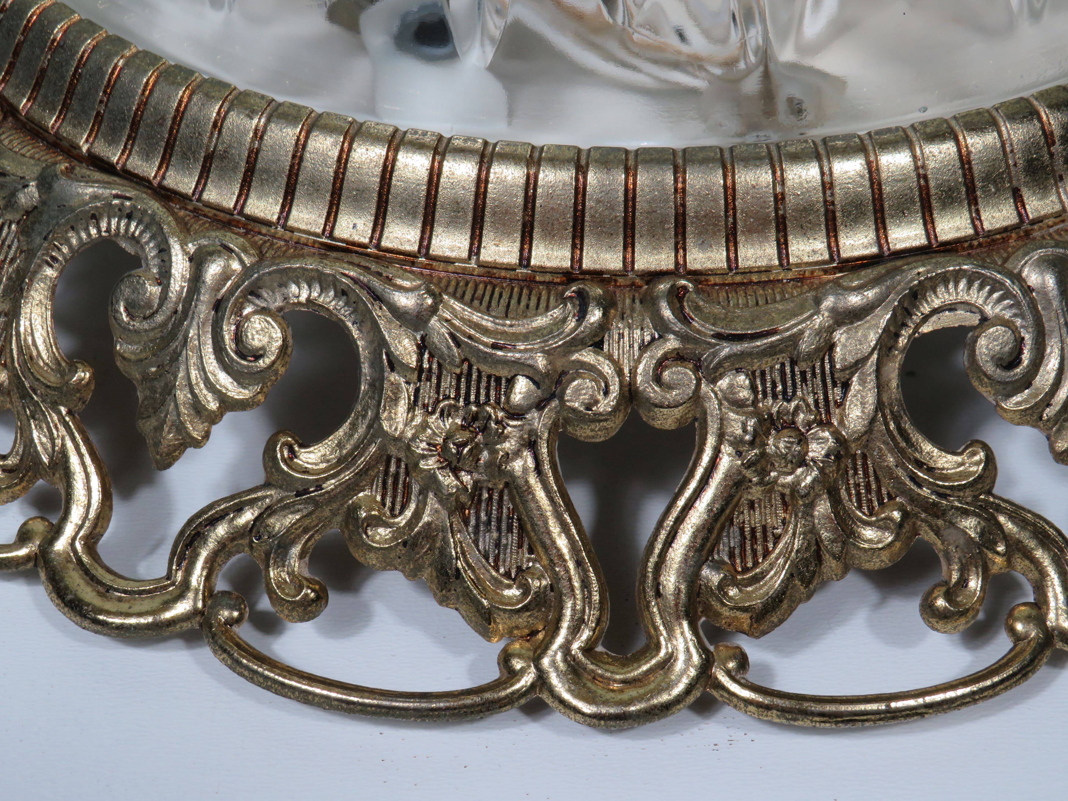 Hollywood Regency ceiling light, cut glass and openwork gold edge.