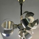 Space-age pendant lamp with 3 stainless steel lights and brushed aluminum adjustable in height - design 1970