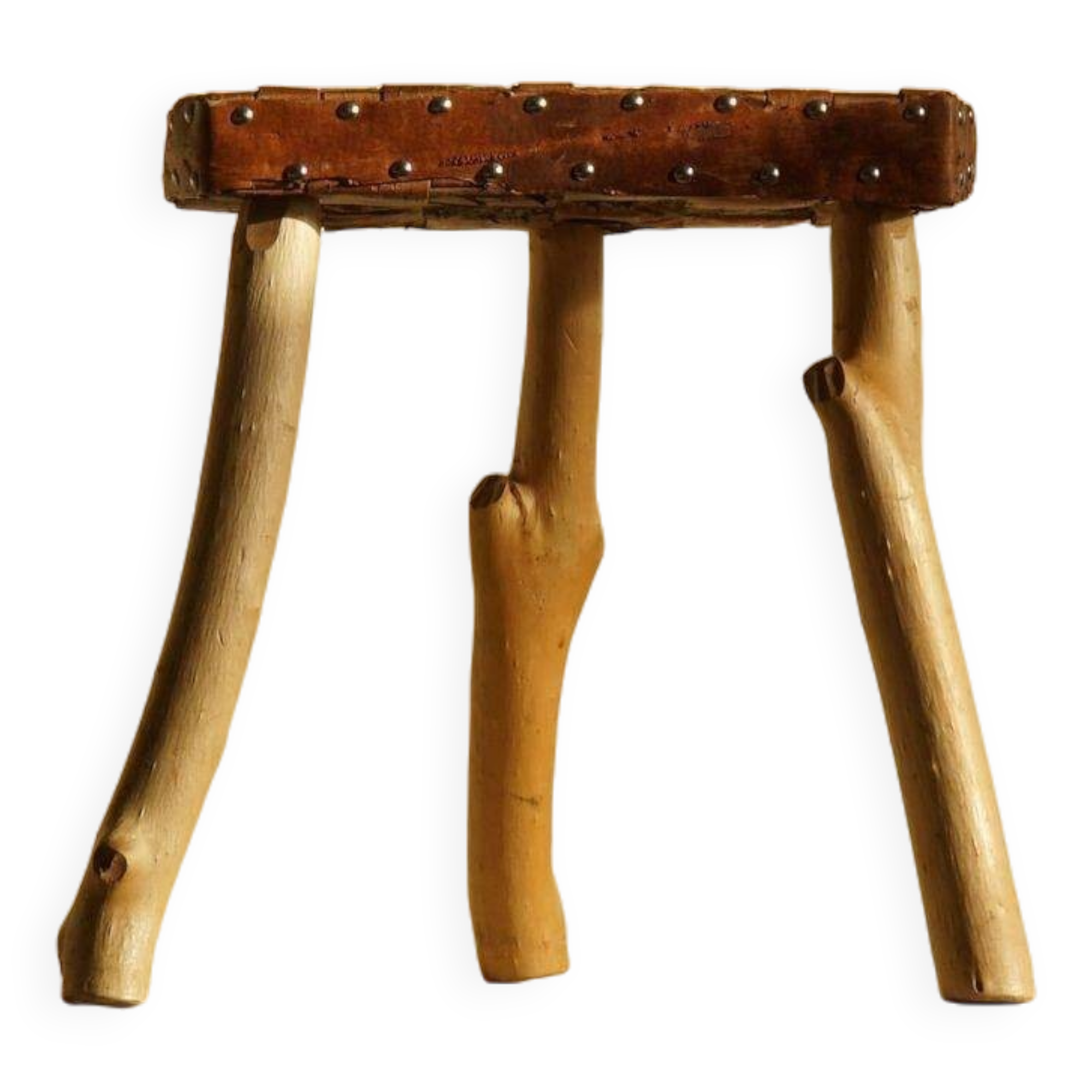 Modern Danish handmade organic wood tripod stool Wabi Sabi, 1960s