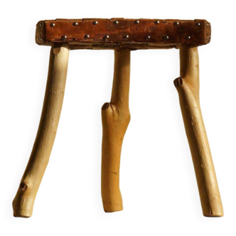 Modern Danish handmade organic wood tripod stool Wabi Sabi, 1960s