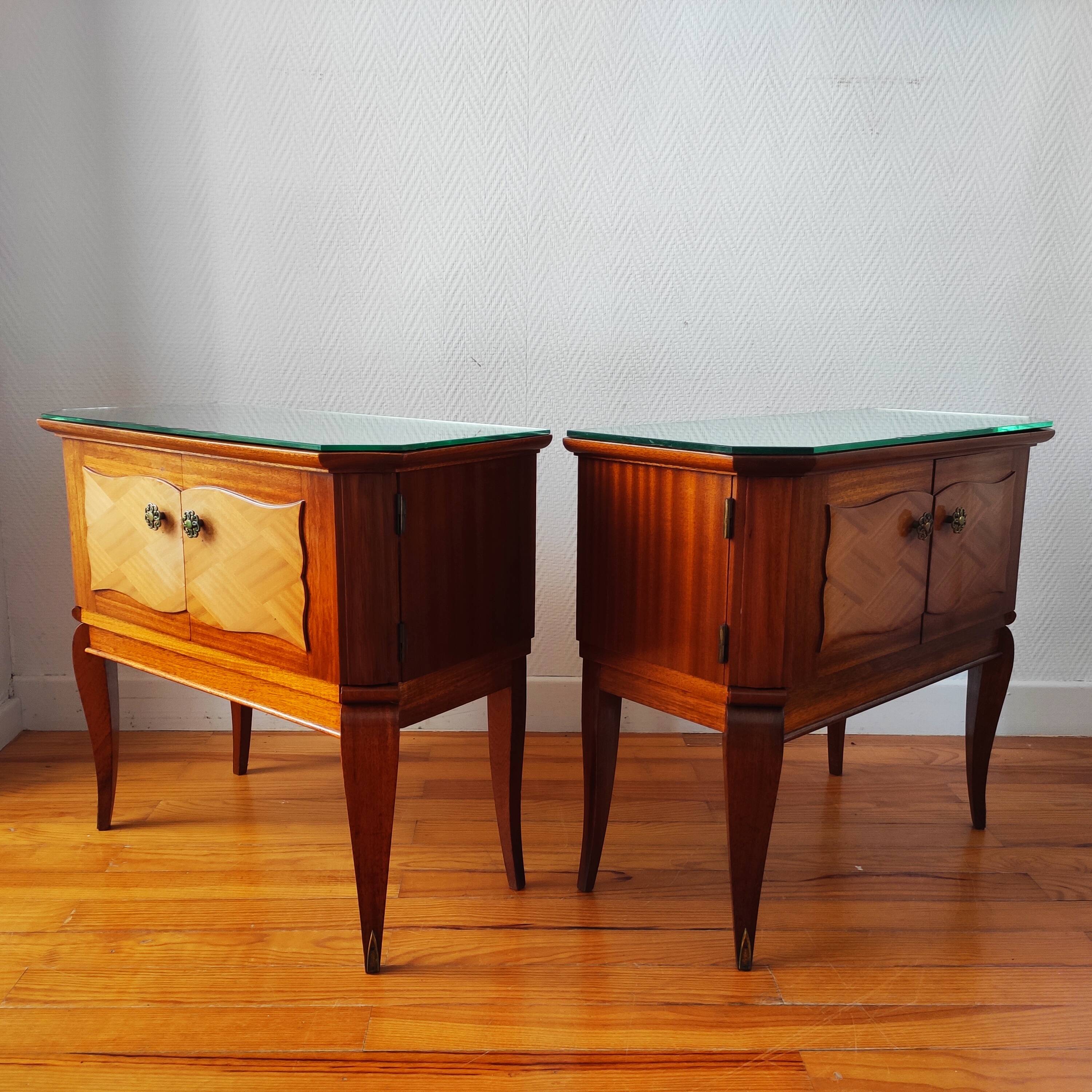 Pair of Art Deco bedside tables, mirrored top.