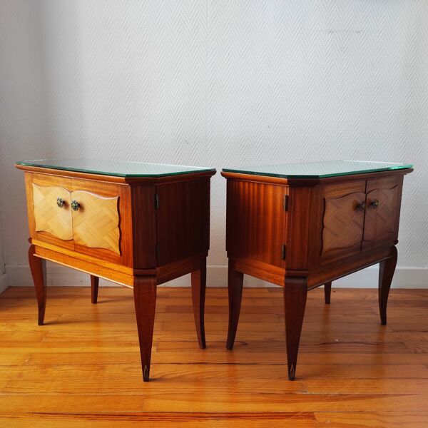 Paire de tables de chevet Art déco, plateau miroir