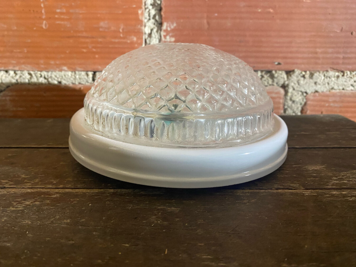 Vintage Round Ceiling Light Moulded Glass + White Metal Surround #D90