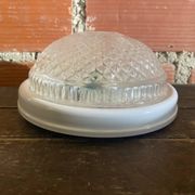 Vintage Round Ceiling Light Moulded Glass + White Metal Surround #D90