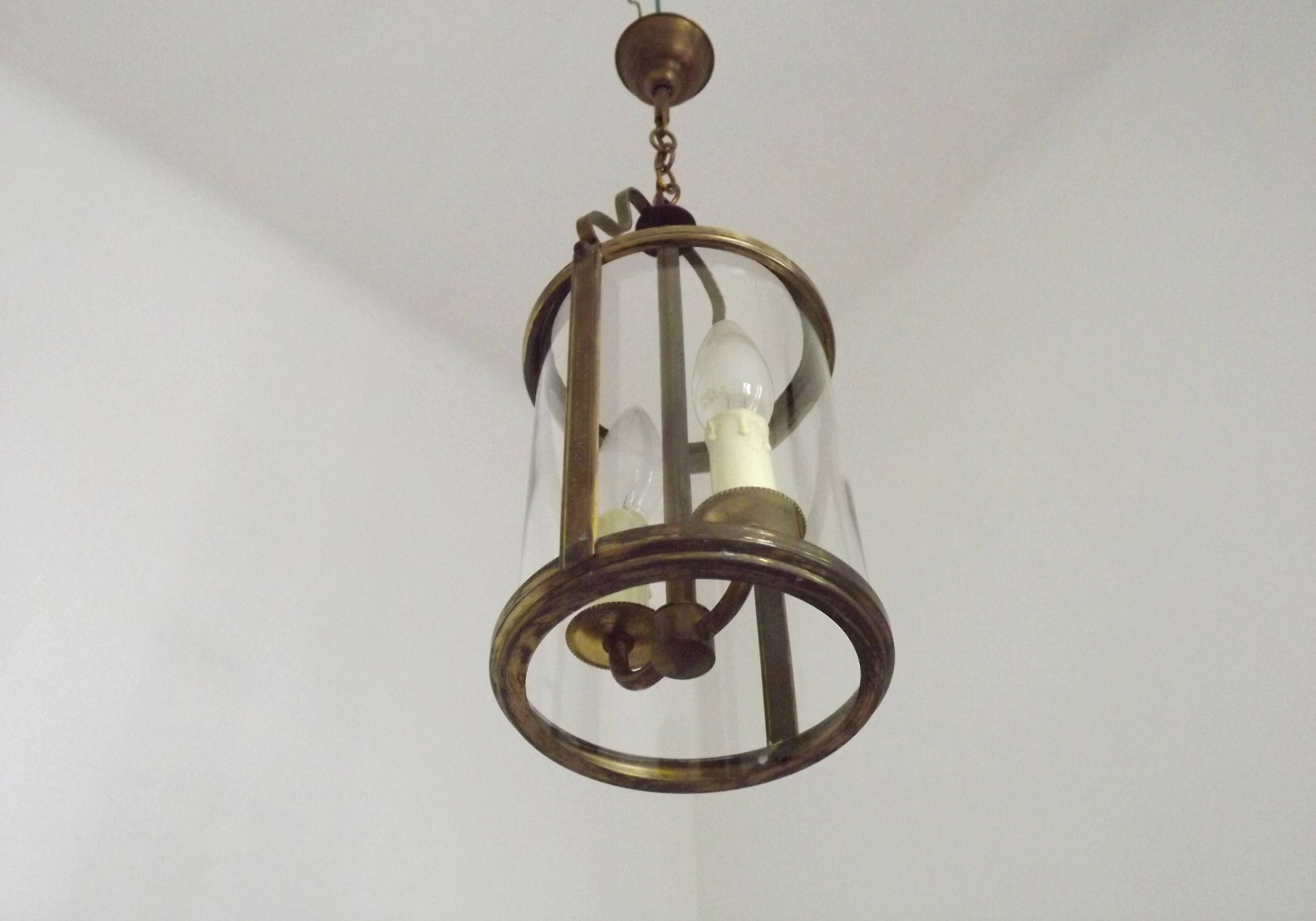French Vintage Brass 2 Light Hanging Lantern With Cylindrical Glass Shade 4948