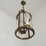 French Vintage Brass 2 Light Hanging Lantern With Cylindrical Glass Shade 4948