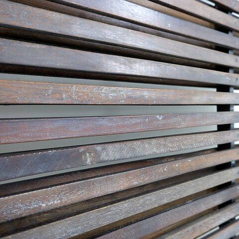 Slatted wood panel room divider or slatted coat rack with 10 mobile hooks