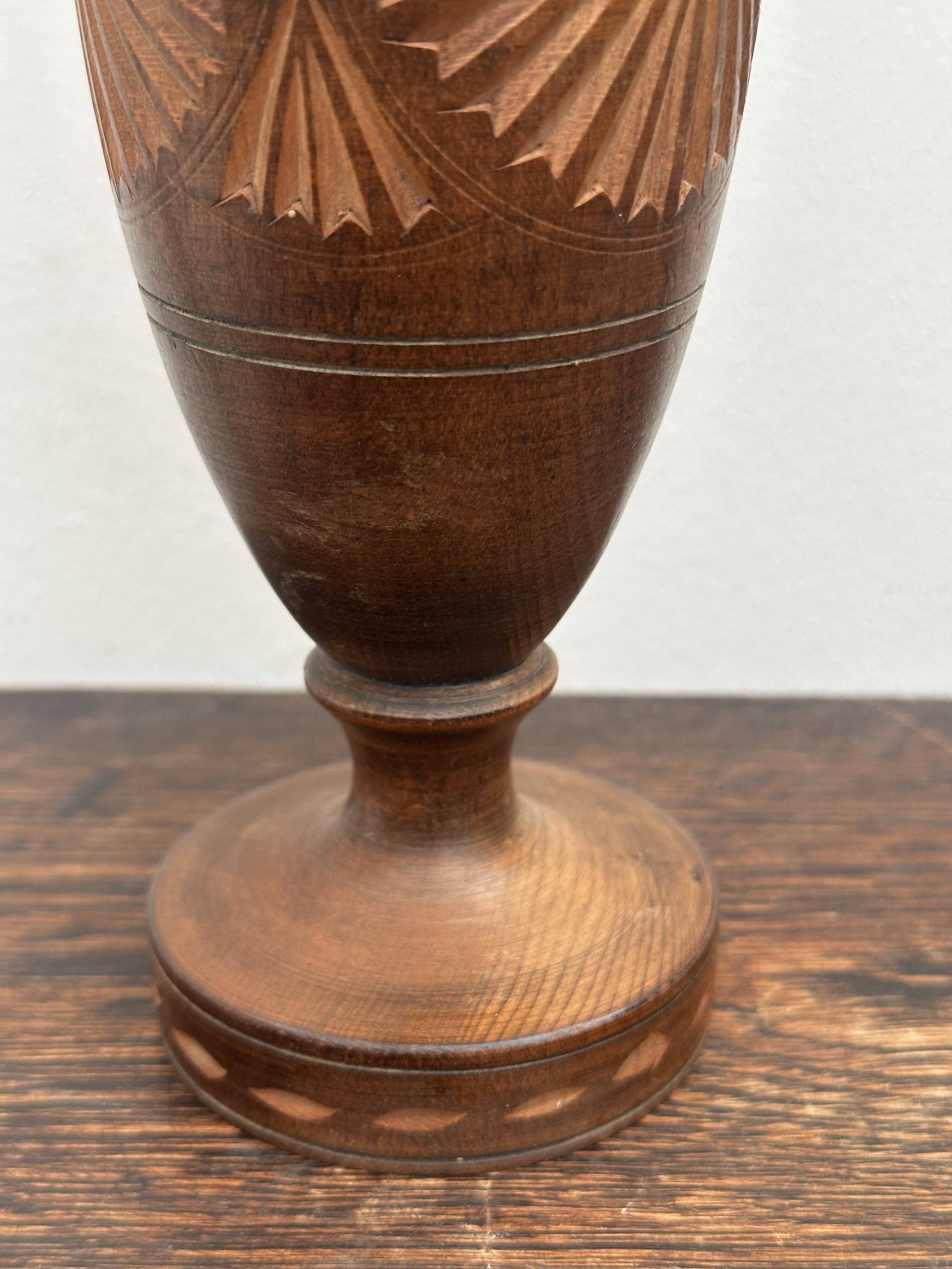 Turned and carved wooden vase, mid-20th century