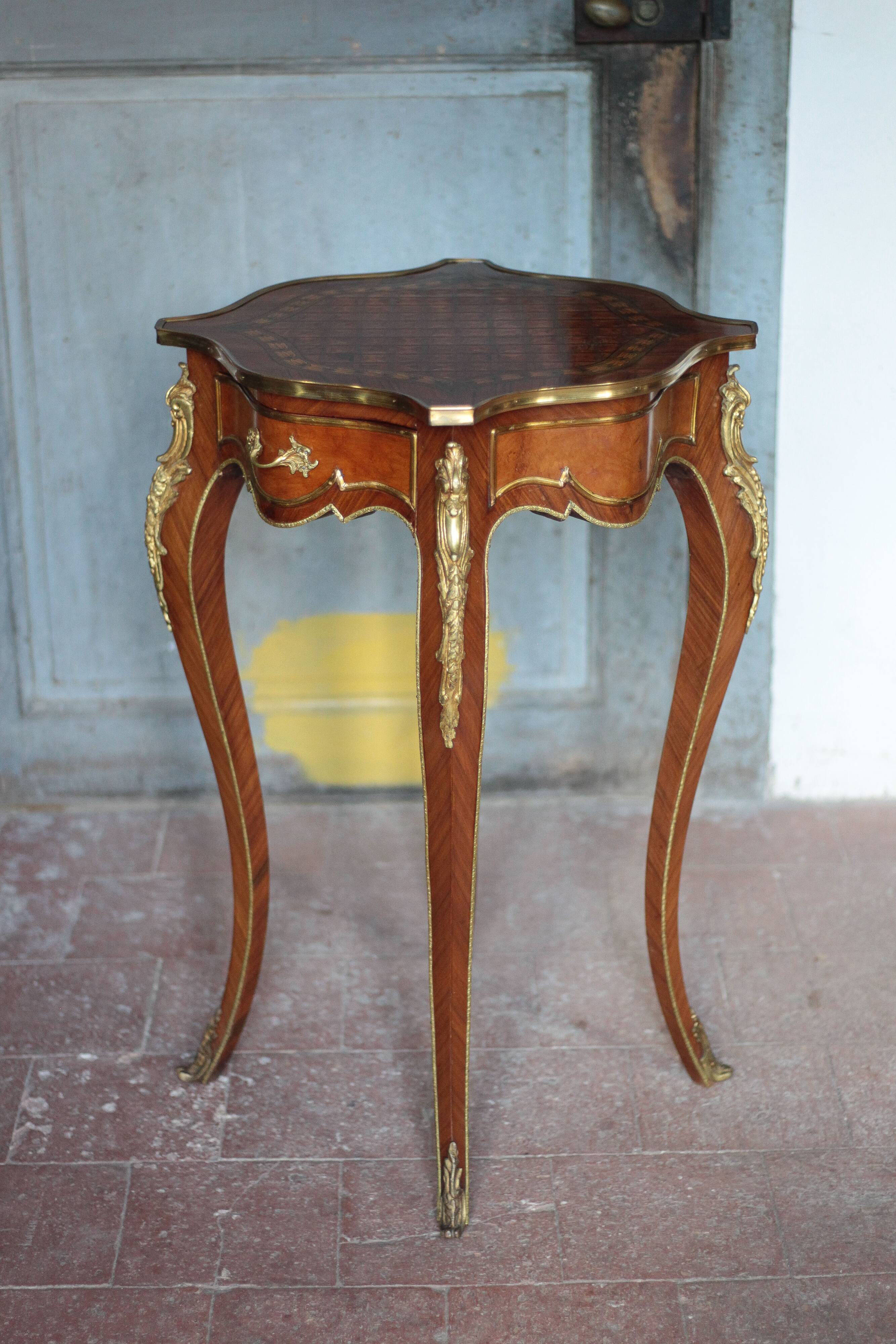 Wooden bedside table with marquetry and bronze, side table with curved legs