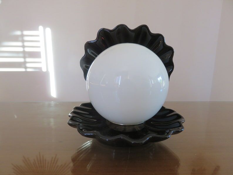 Black ceramic shell lamp and white opaline ball 1970