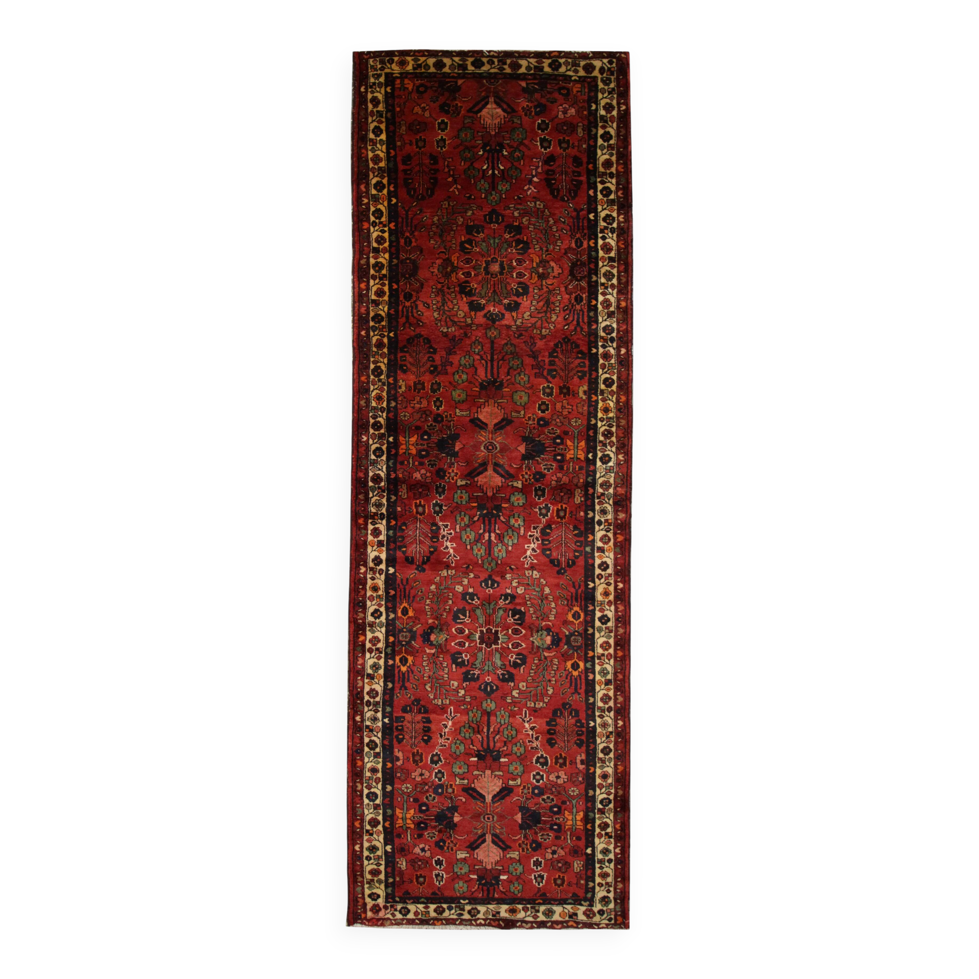 Tapis de couloir vintage en laine à motif floral rouge bordeaux, tapis oriental des années 1950, 110 x 350 cm