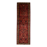 Tapis de couloir vintage en laine à motif floral rouge bordeaux, tapis oriental des années 1950, 110 x 350 cm