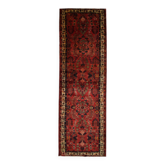 Red Burgundy Floral Vintage Wool Runner Rug, 1950s Oriental Carpet 110x350