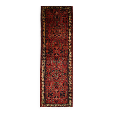 Red Burgundy Floral Vintage Wool Runner Rug, 1950s Oriental Carpet 110x350