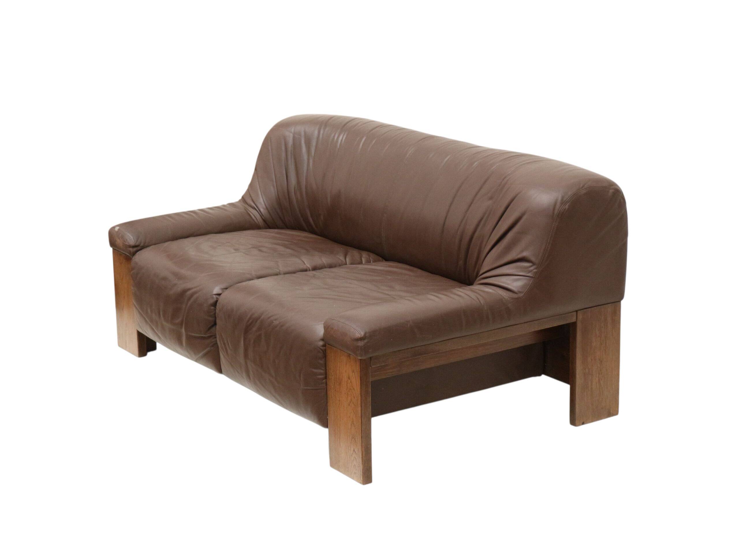 Brutalist 2-seater leather sofa – brown leather with wenge wood frame