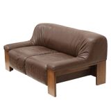 Brutalist 2-seater leather sofa – brown leather with wenge wood frame