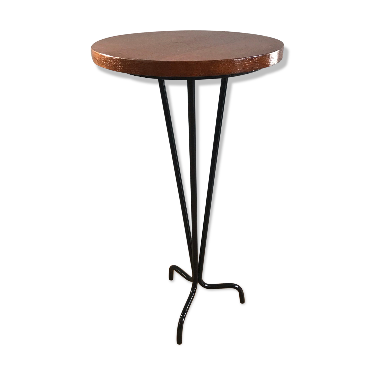 Vintage tripod harness round wooden top on black lacquered metal stand