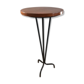 Vintage tripod harness round wooden top on black lacquered metal stand