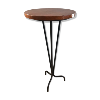 Vintage tripod harness round wooden top on black lacquered metal stand