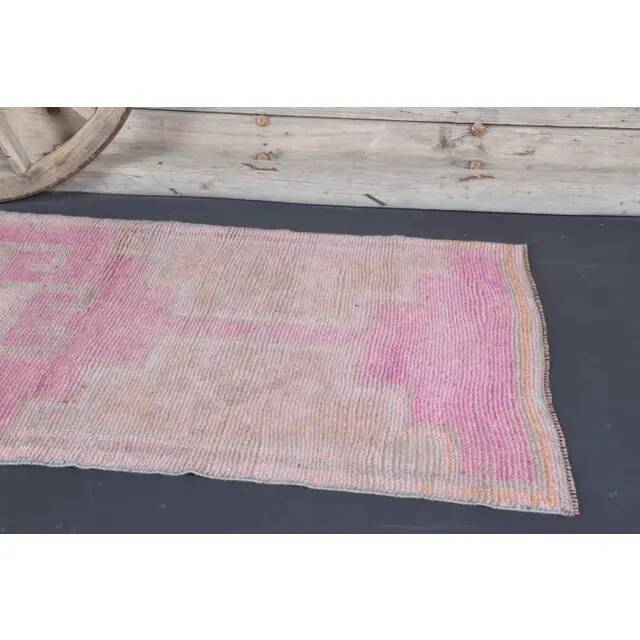 Vintage Turkish Oushak handmade wool cotton pink runner rug 100x320