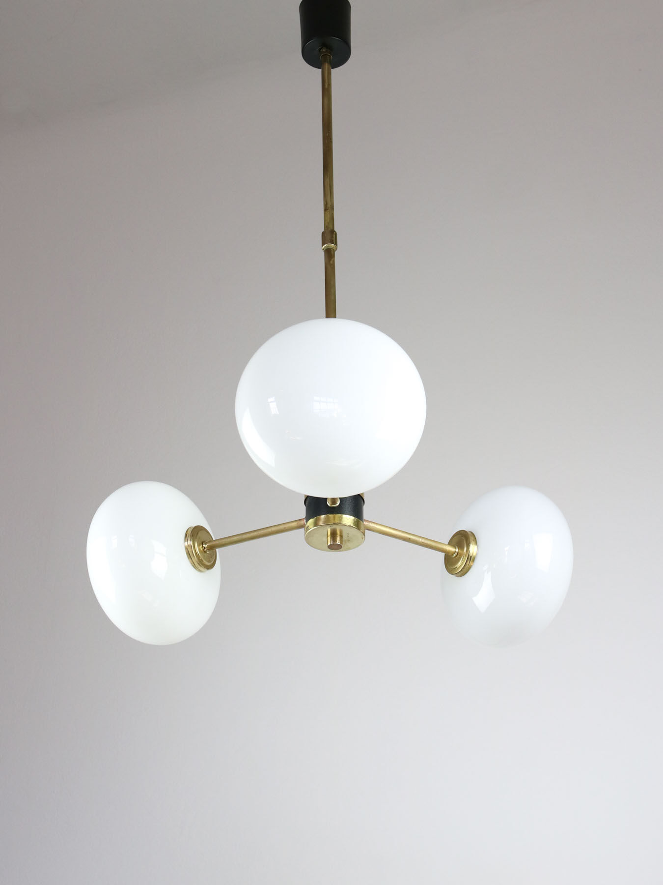 Mid-century brass and opaline glass chandelier