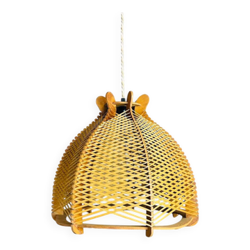 Lampe suspendue en bois et rotin vintage des années 1960