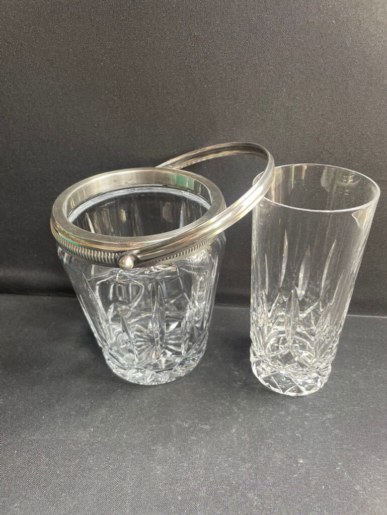 Ice bucket with spoon and glass – cut crystal and silver metal