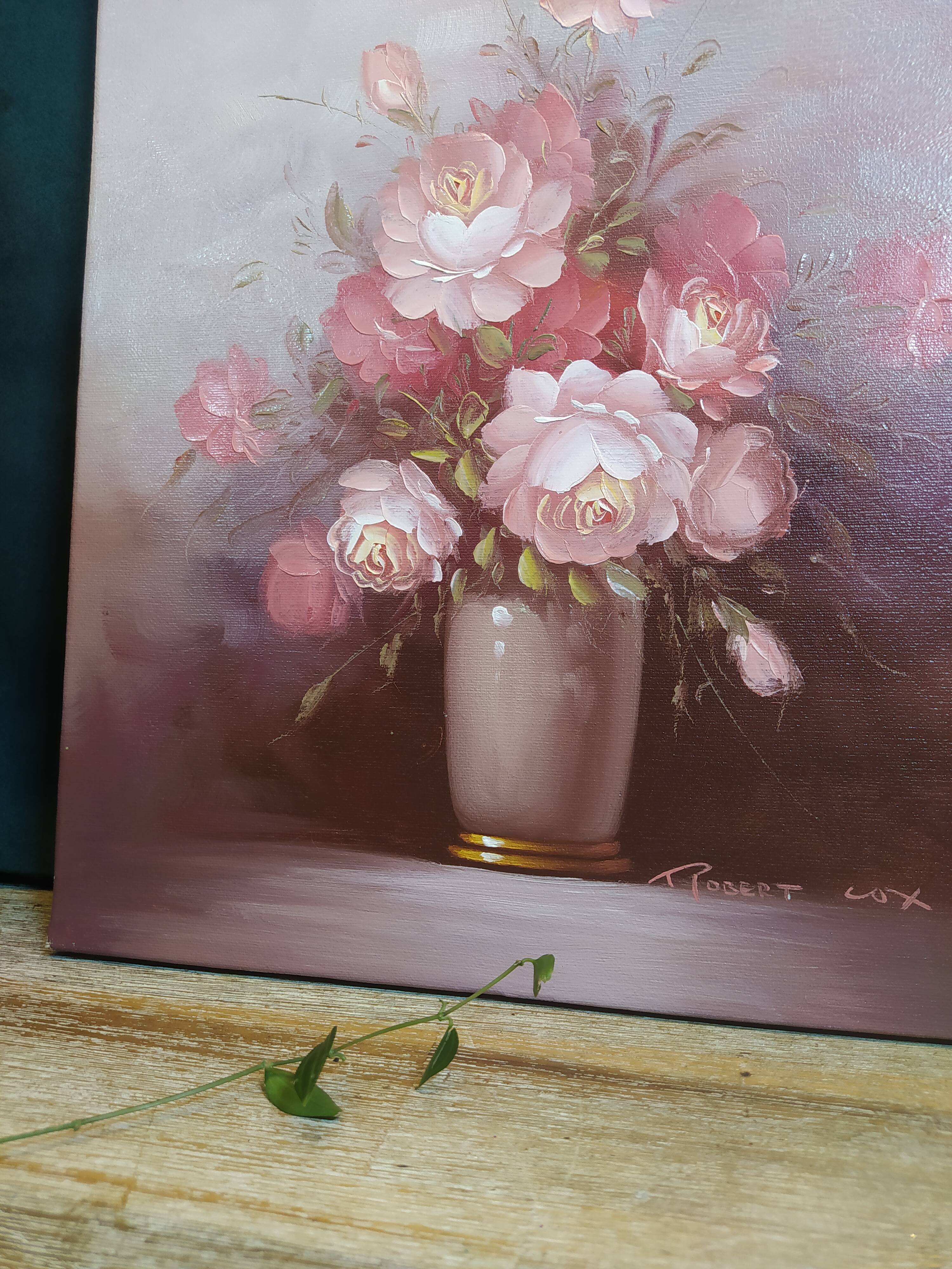Still life painting bouquet of pink flowers signed Robert Cox