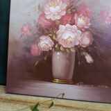 Still life painting bouquet of pink flowers signed Robert Cox
